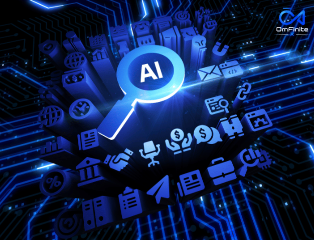 Abstract network diagram representing connected AI systems and data flows